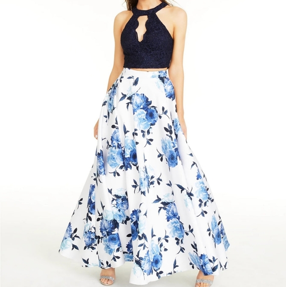 Prom Dress City Studio Juniors Lace Halter Top & Long Floral Skirt White & Blue - Picture 1 of 7